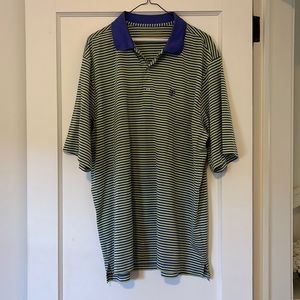 Purple and green striped golf polo